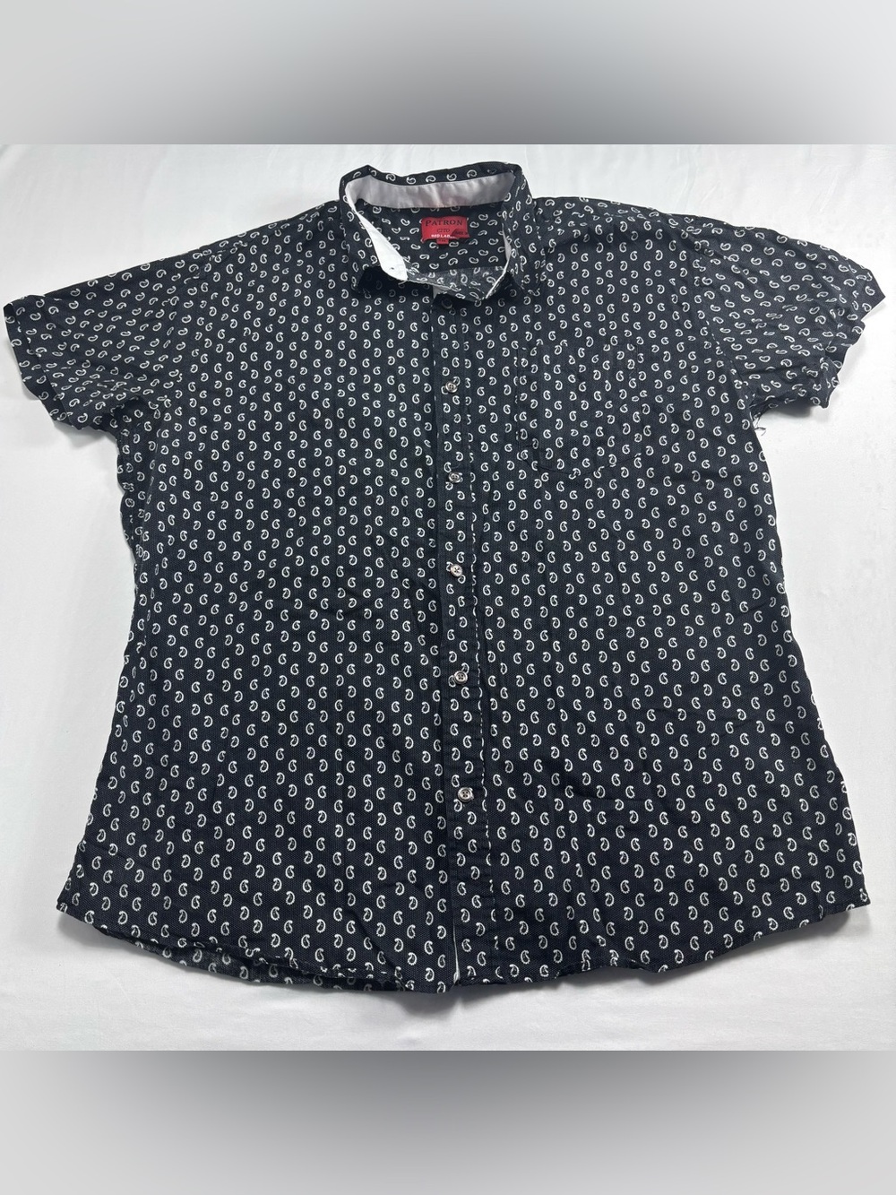 Men's Black Short-Sleeve Button-Up Shirt with White Paisley Print